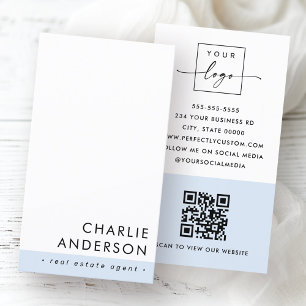 Modern minimal QR code dusty blue white vertical Business Card