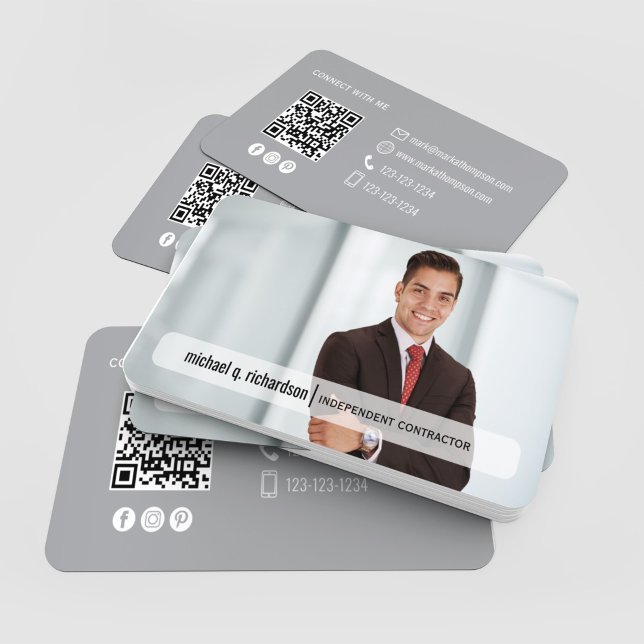 Modern Minimal QR Code Photo Contact Card (Professional photo contact card with QR code, sleek gray layout and modern branding)