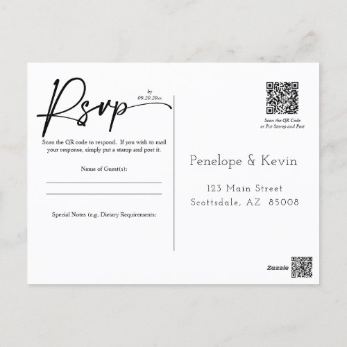 Modern Minimal QR Code Wedding RSVP Response Reply Postcard