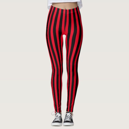 Modern Minimal Red and Black Vertical Stripes Leggings