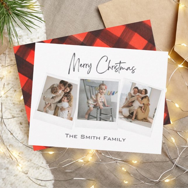 Modern Minimal Red Black Merry Christmas 3 Photo Holiday Card (Creator Uploaded)