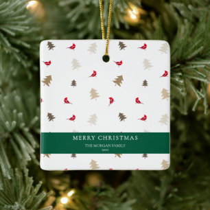 Modern Minimal Red Cardinal Christmas Tree Pattern Ceramic Ornament