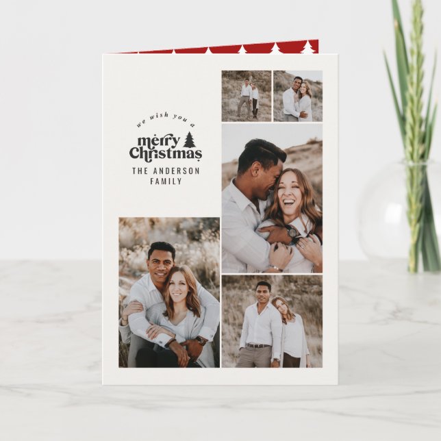 Modern minimal red Christmas multi photo Thank You Card (Front)