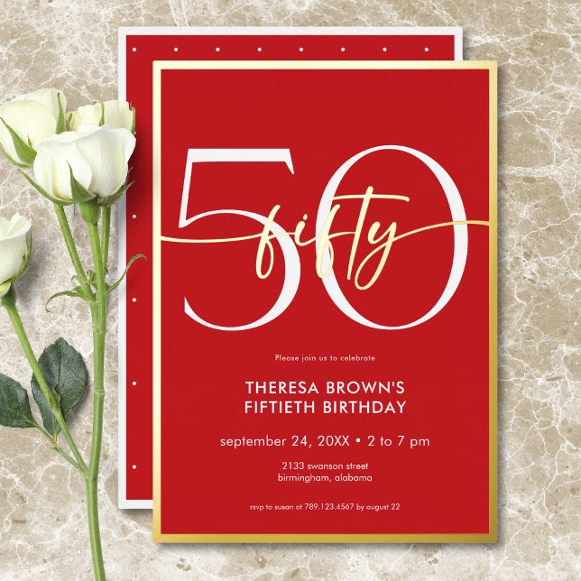 Modern Minimal Red Fifty Script Birthday Foil Invitation (Modern Minimal Red Fifty Script Birthday Foil Invitation)