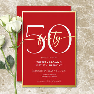 Modern Minimal Red Fifty Script Birthday Foil Invitation