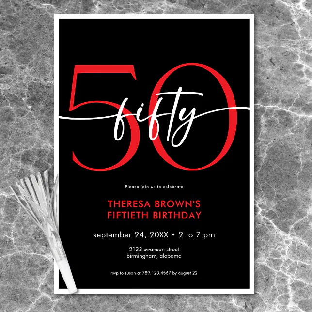 Modern Minimal Red Fifty Script Birthday Invitation | Zazzle