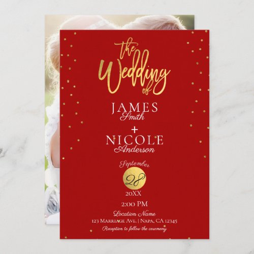 Modern Minimal Red  Gold Foil Photo Wedding Invitation