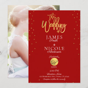 Modern Minimal Red & Gold Foil Photo Wedding Invitation