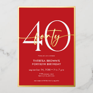 Modern Minimal Red Gold Forty Script Birthday Foil Invitation
