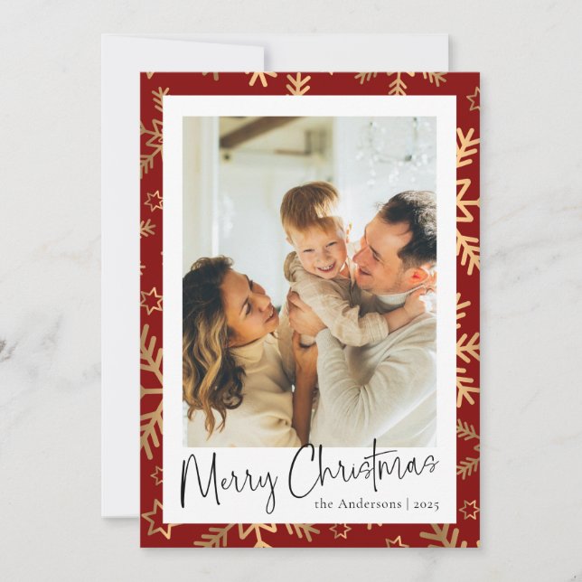 Modern Minimal Red Gold Photo Christmas Holiday Card (Front)