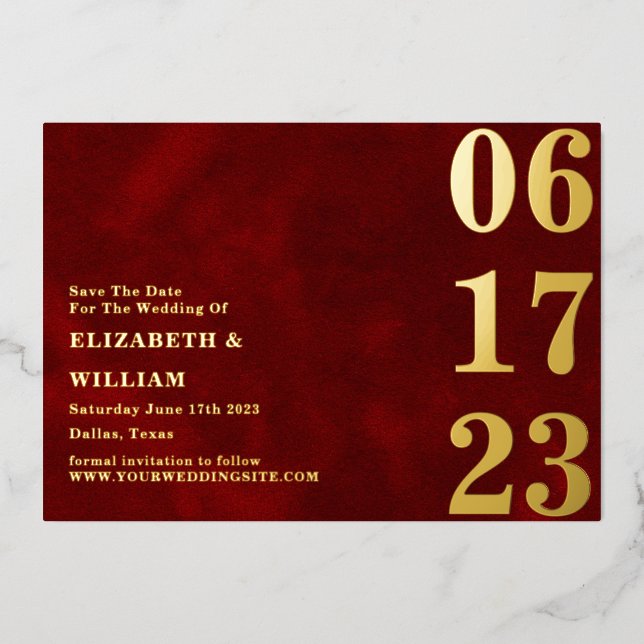 Modern Minimal Red Gold Photo Save The Date Foil Invitation (Front)