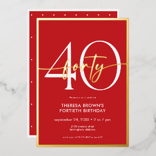 Modern Minimal Red Gold Script Birthday Foil Invitation