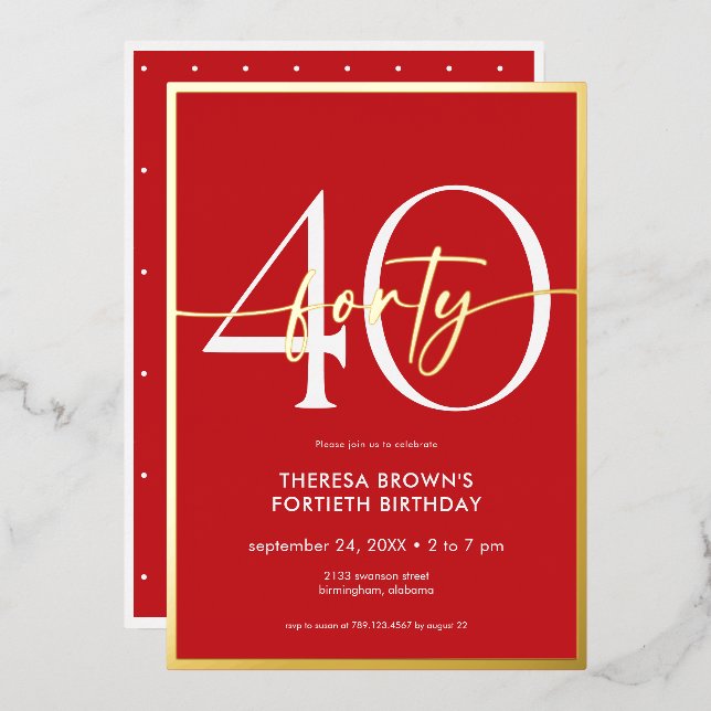 Modern Minimal Red Gold Script Birthday Foil Invitation (Front/Back)