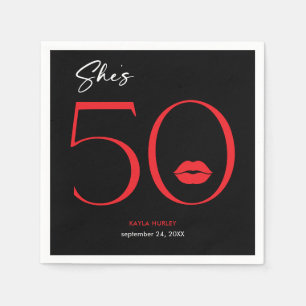 Modern Minimal Red Lips She's Fifty Birthday Napkins