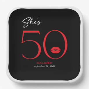 Modern Minimal Red Lips She's Fifty Birthday Paper Plates