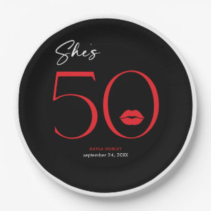 Modern Minimal Red Lips She's Fifty Birthday Paper Plates