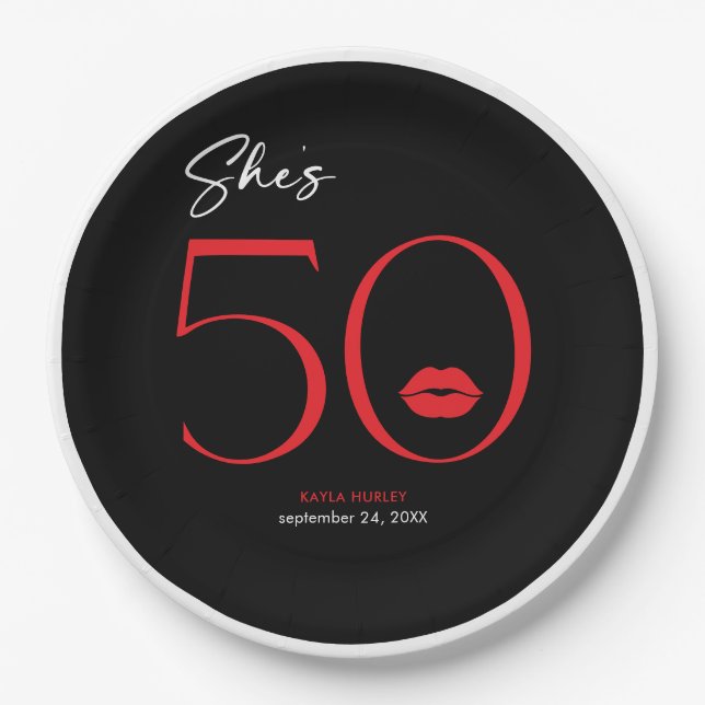 Modern Minimal Red Lips She's Fifty Birthday Paper Plates (Front)