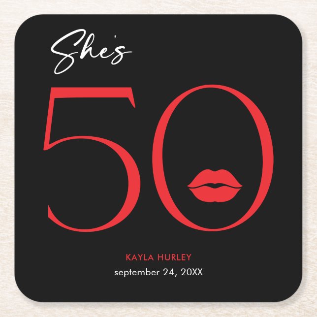 Modern Minimal Red Lips She's Fifty Birthday Square Paper Coaster (Front)