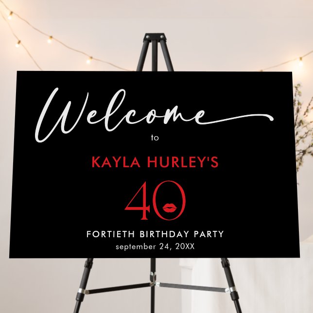 Modern Minimal Red Lips She's Forty Birthday Foam Board (In Situ (Stand))