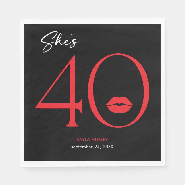 Modern Minimal Red Lips She's Forty Birthday Napkins (Front)