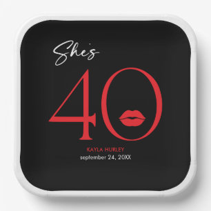 Modern Minimal Red Lips She's Forty Birthday Paper Plates
