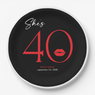 Modern Minimal Red Lips She's Forty Birthday Paper Plates