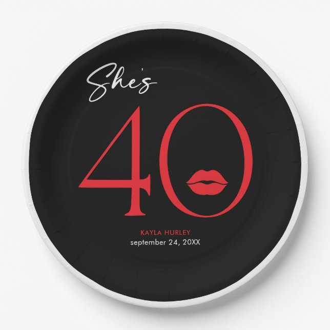 Modern Minimal Red Lips She's Forty Birthday Paper Plates (Front)
