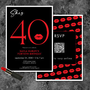 Modern Minimal Red Lips She's Forty Birthday QR Invitation