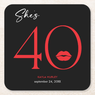 Modern Minimal Red Lips She's Forty Birthday Square Paper Coaster