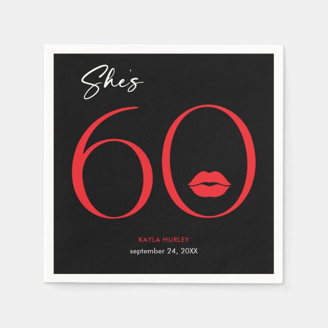 Modern Minimal Red Lips She's Sixty Birthday Napkins (Front)
