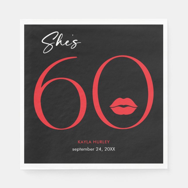 Modern Minimal Red Lips She's Sixty Birthday Napkins (Front)
