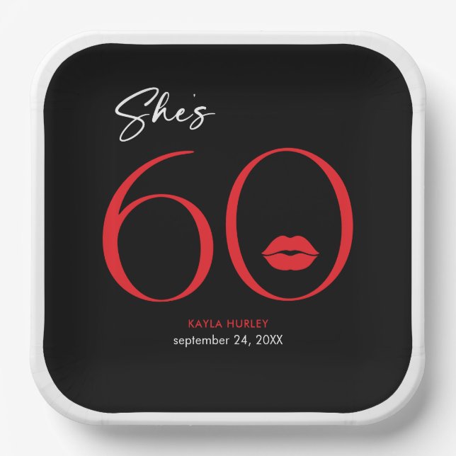 Modern Minimal Red Lips She's Sixty Birthday Paper Plates (Front)