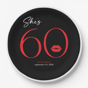 Modern Minimal Red Lips She's Sixty Birthday Paper Plates