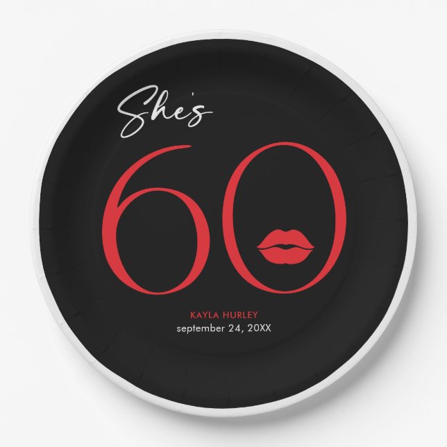 Modern Minimal Red Lips She's Sixty Birthday Paper Plates (Front)