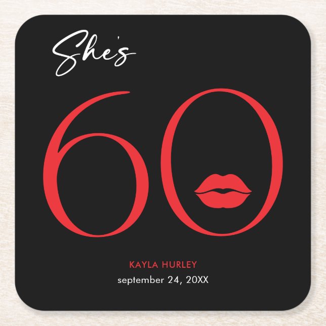 Modern Minimal Red Lips She's Sixty Birthday Square Paper Coaster (Front)