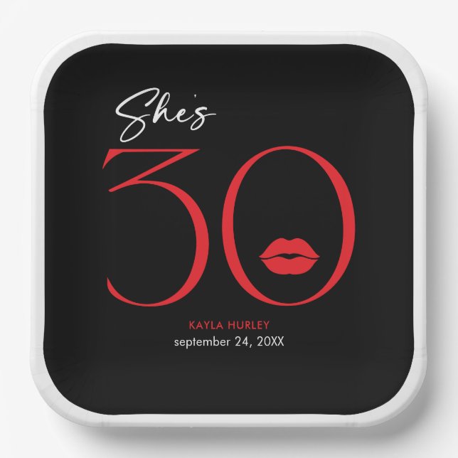 Modern Minimal Red Lips She's Thirty Birthday Paper Plates (Front)