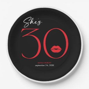 Modern Minimal Red Lips She's Thirty Birthday Paper Plates