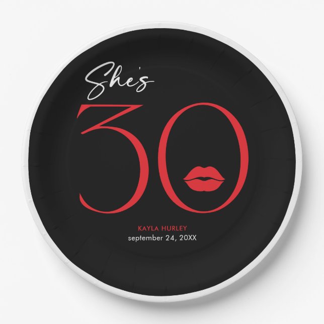 Modern Minimal Red Lips She's Thirty Birthday Paper Plates (Front)
