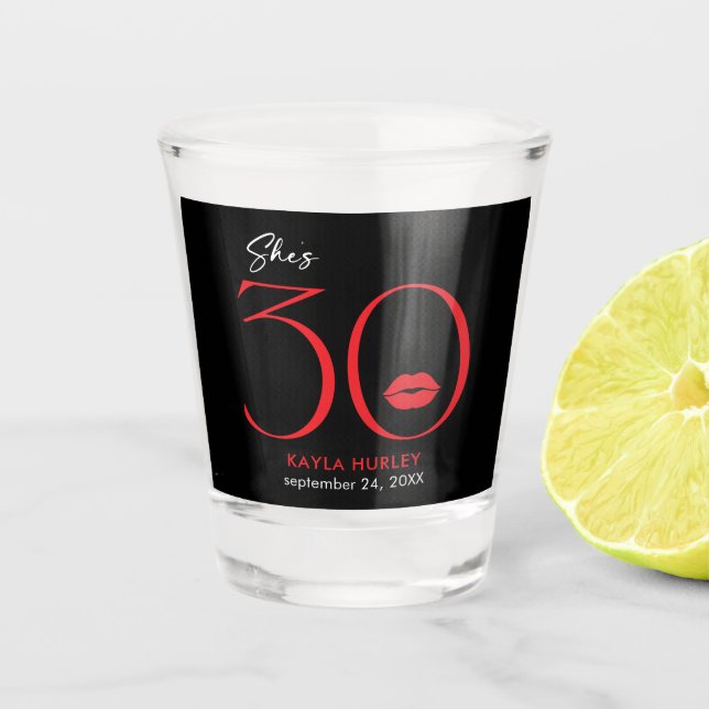 Modern Minimal Red Lips She's Thirty Birthday Shot Glass (Front)
