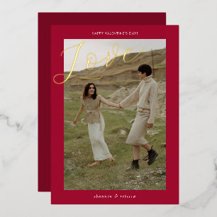 Modern Minimal Red Love Script Photo Valentine's Foil Holiday Card