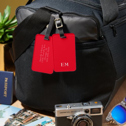 Modern Minimal Red Monogrammed Initials Luggage Tag
