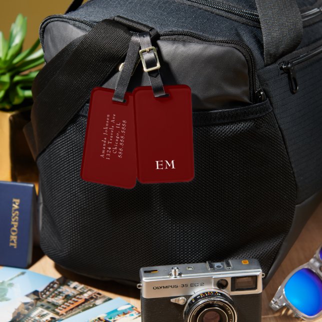 Modern Minimal Red Monogrammed Initials Luggage Tag (Front & Back)