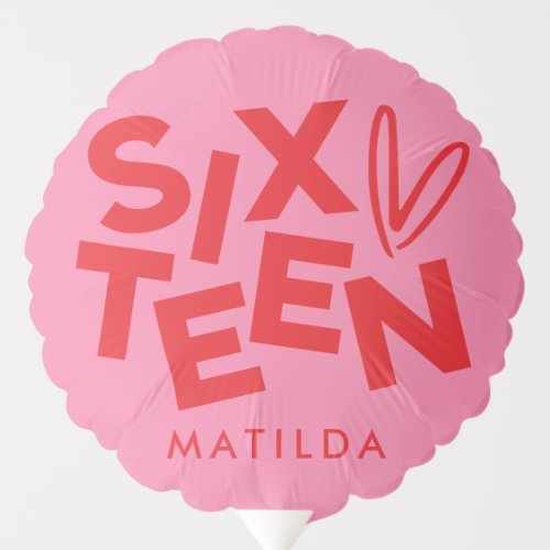 Modern minimal red pink typography 16th birthday balloon