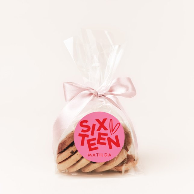 Modern minimal red pink typography 16th birthday classic round sticker (Creator Uploaded)