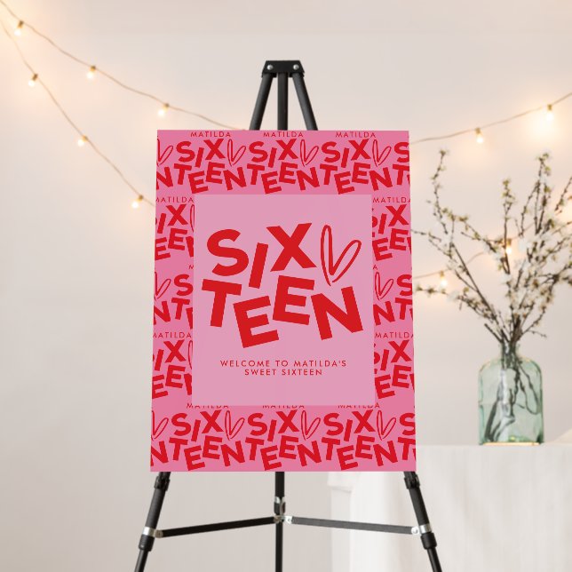 Modern minimal red pink typography 16th birthday foam board (In Situ (Stand))