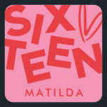 Modern minimal red pink typography 16th birthday square sticker<br><div class="desc">Modern minimal bold typography 16th birthday red and pink party decor favor sticker design.</div>