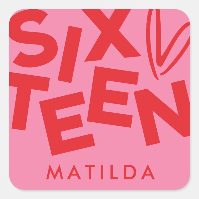 Modern minimal red pink typography 16th birthday square sticker (Front)