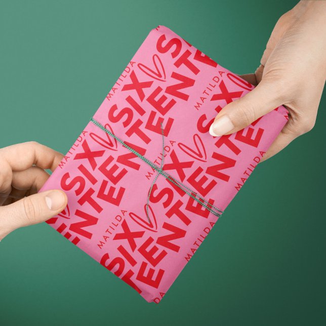 Modern minimal red pink typography 16th birthday wrapping paper (Creator Uploaded)