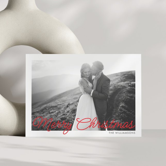 Modern Minimal Red Script Christmas Wedding Photo Holiday Card (Creator Uploaded)