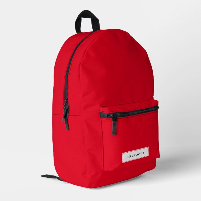 Modern Minimal Red Solid Color Custom Name Printed Backpack (Back Corner Left)